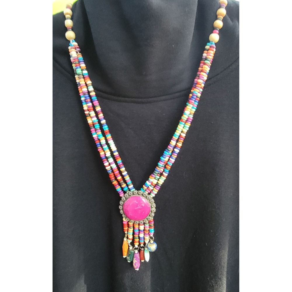 Vintage Multi Strand Beaded Statement Necklace Pink Cabochon Boho Southwestern